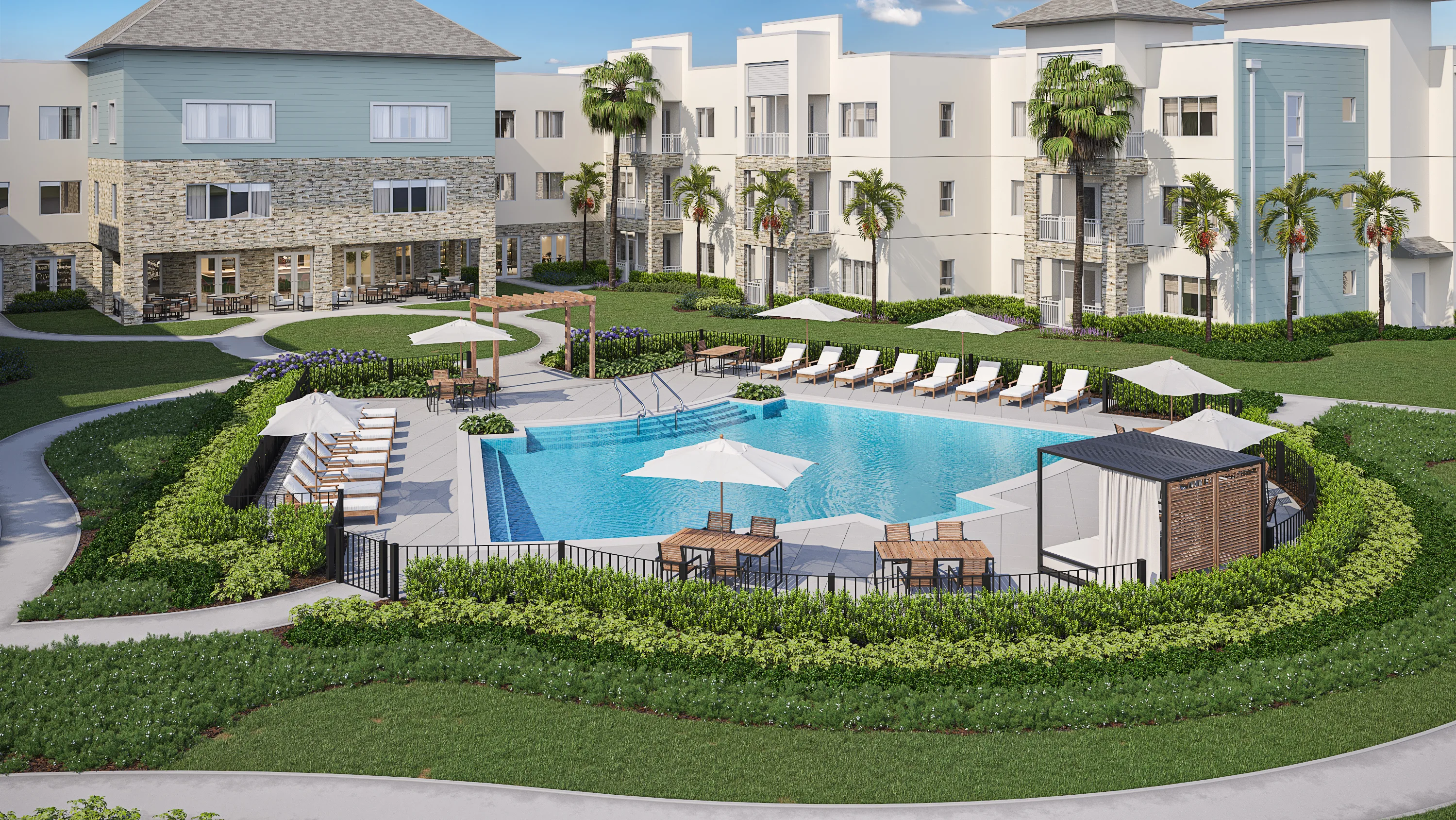 AVIVA Port St. Lucie West senior living community offering active adult living and independent living in Port St. Lucie, FL, pool with poolside seating