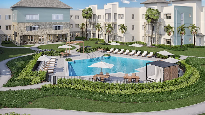 AVIVA Port St. Lucie West senior living community offering active adult living and independent living in Port St. Lucie, FL, pool with poolside seating
