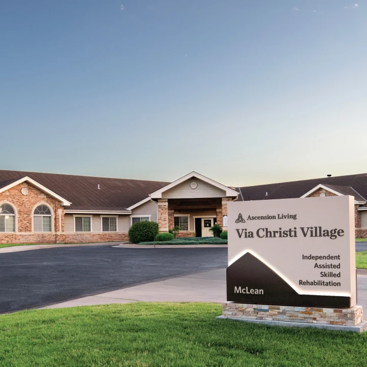 Ascension Living Via Christi Village McLean Senior Living in Wichita, Kansas front exterior welcome sign