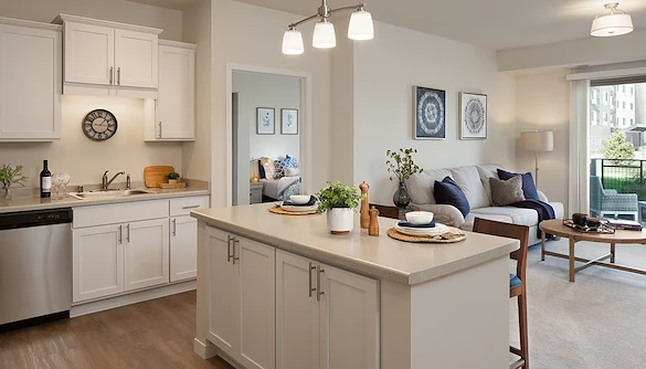 Kitchen and living area at the Waters of Oak Creek 