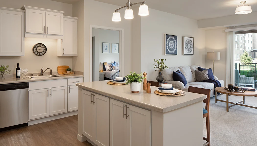 Kitchen and living area at the Waters of Oak Creek 