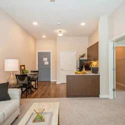 Barclay House of Baton Rouge senior living community offering assisted living and memory care in Baton Rouge, LA, apartment featuring the kitchen, dining, and living areas