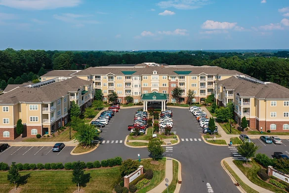 Brightmore of South Charlotte senior living community offering independent living, assisted living, and memory care in Charlotte, NC, exterior view from above