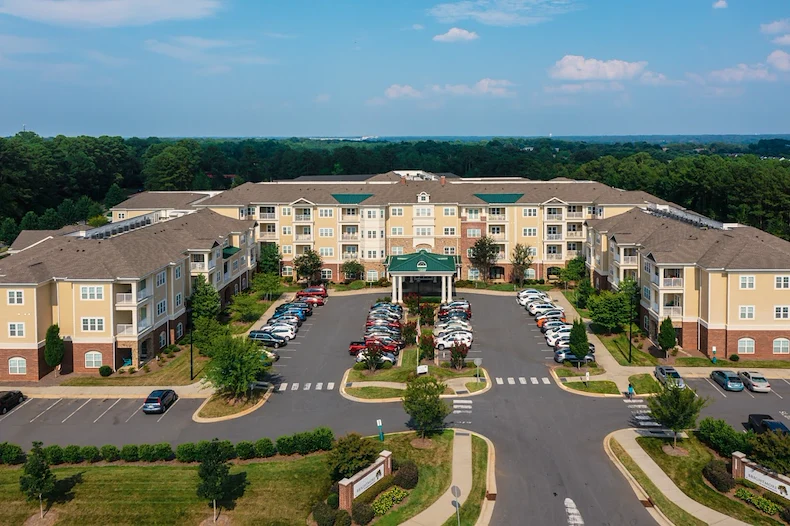 Brightmore of South Charlotte senior living community offering independent living, assisted living, and memory care in Charlotte, NC, exterior view from above