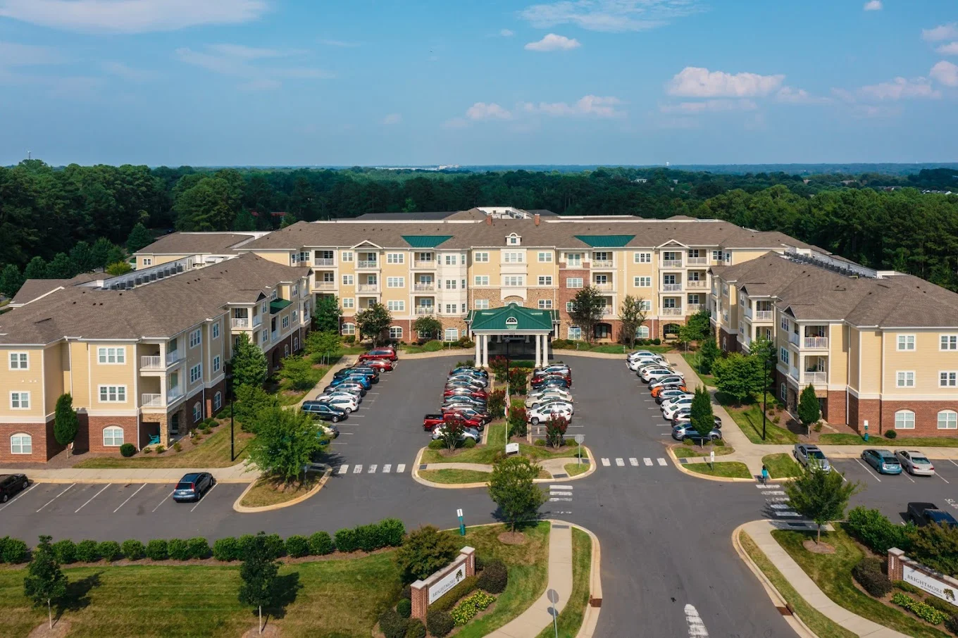 Brightmore of South Charlotte senior living community offering independent living, assisted living, and memory care in Charlotte, NC, exterior view from above