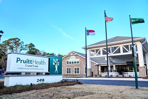 PruittHealth - Crystal Coast Skilled Nursing & Rehabilitation Center Senior Care in Beaufort, North Carolina front exterior welcome sign