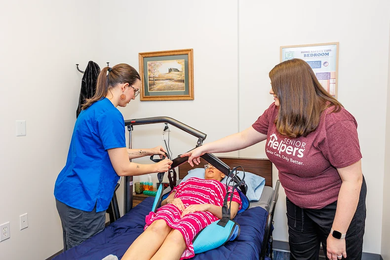 Caregivers practice skills in our Center of Excellence, a training space designed as a realistic simulation of a client’s home. Training occurring here helps caregivers identify hazardous items, learn more about the safety of a client’s home, and demonstrate the proper use of durable medical equipment (DME), so caregivers can better assist with mobility, transfers, bathing, and toileting assistance. 