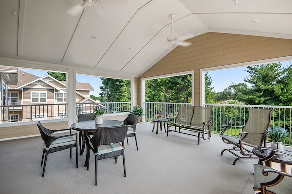 Wilshire Estates Gracious Retirement Living, independent living in Silver Spring, MD, covered deck with seating