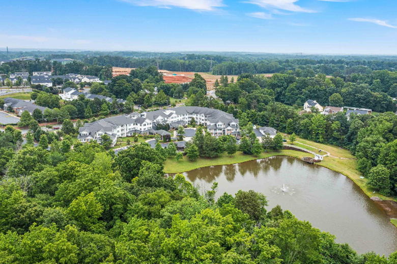 Shads Landing Gracious Retirement Living Hawthorn Senior Independent Living in Charlotte, North Carolina exterior drone view