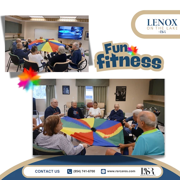 Lenox on the Lake senior living community offering assisted living and memory care in Lauderhill, FL, seniors enjoying a parachute activity to promote staying active and engaged
