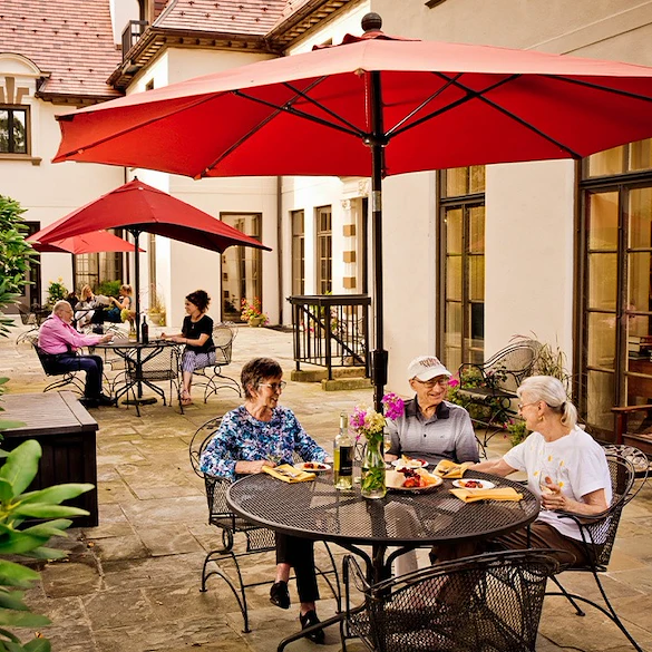 The Mansion at Rosemont Senior Living in Rosemont, PA, residents socializing outside