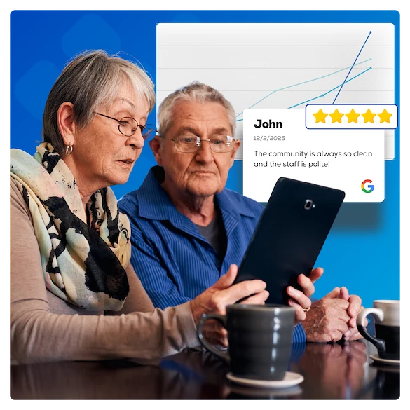 senior couple reading review on tablet