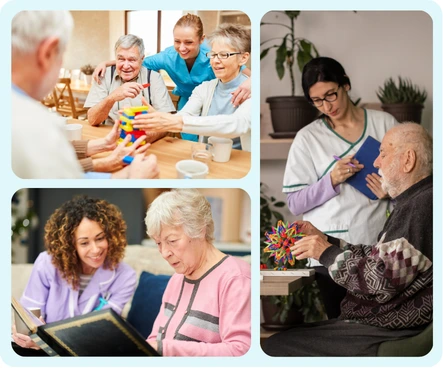 Older adults participating in memory care activities, cognitive engagement programs, and personalized support with caregivers.