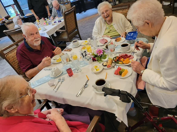 Addolorata Villa, continuing care retirement community offering independent living, assisted living, and memory care in Wheeling, IL, residents enjoying dining together