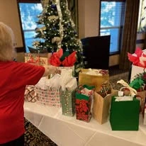 table of Christmas gifts at The Stafford Senior Living in Lake Oswego, Oregon