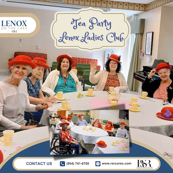Lenox on the Lake senior living community offering assisted living and memory care in Lauderhill, FL, senior ladies enjoying a tea party