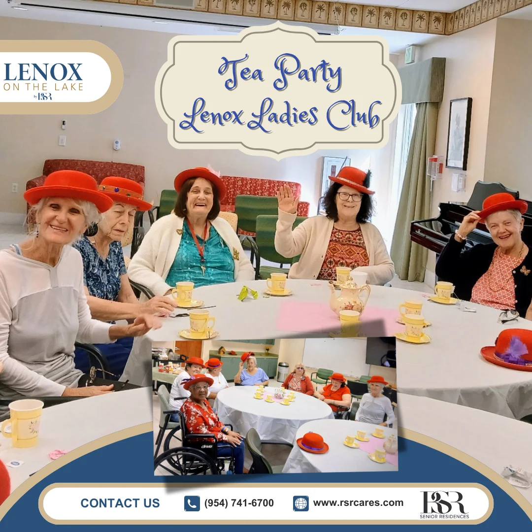 Lenox on the Lake senior living community offering assisted living and memory care in Lauderhill, FL, senior ladies enjoying a tea party