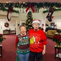Salmon Creek Gracious Retirement Living Hawthorn Senior Independent Living in Boise, Idaho residents wearing ugly Christmas sweaters