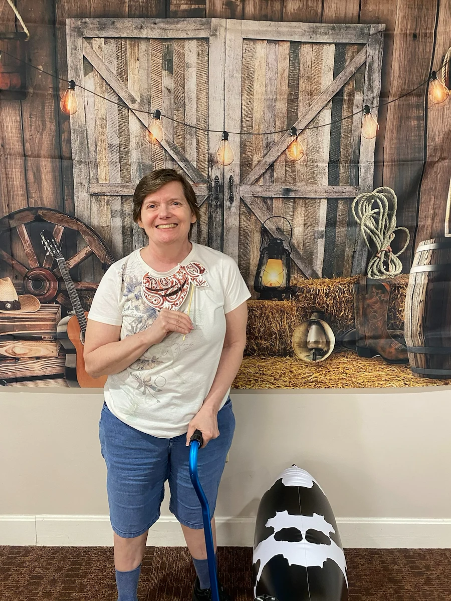 Long House senior living community offering independent living and respite care in Erlanger, KY, resident event with photo backdrop