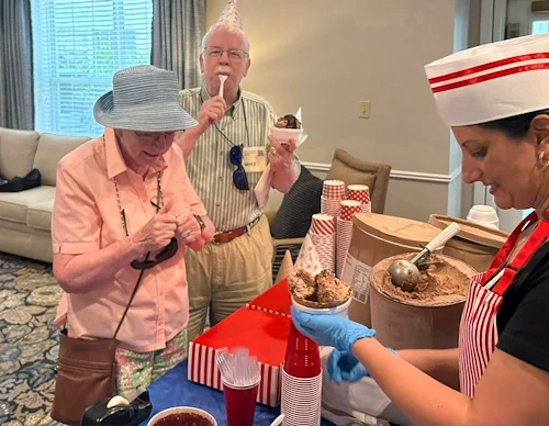 Charter Senior Living of Dedham in Dedham, MA, residents enjoying ice cream