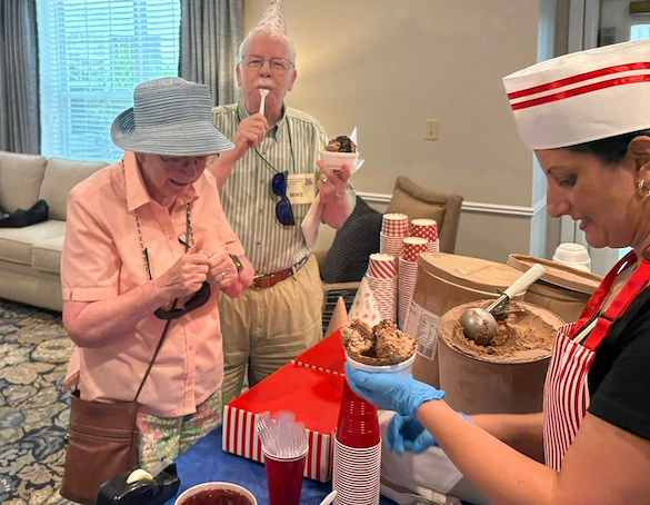 Charter Senior Living of Dedham in Dedham, MA, residents enjoying ice cream