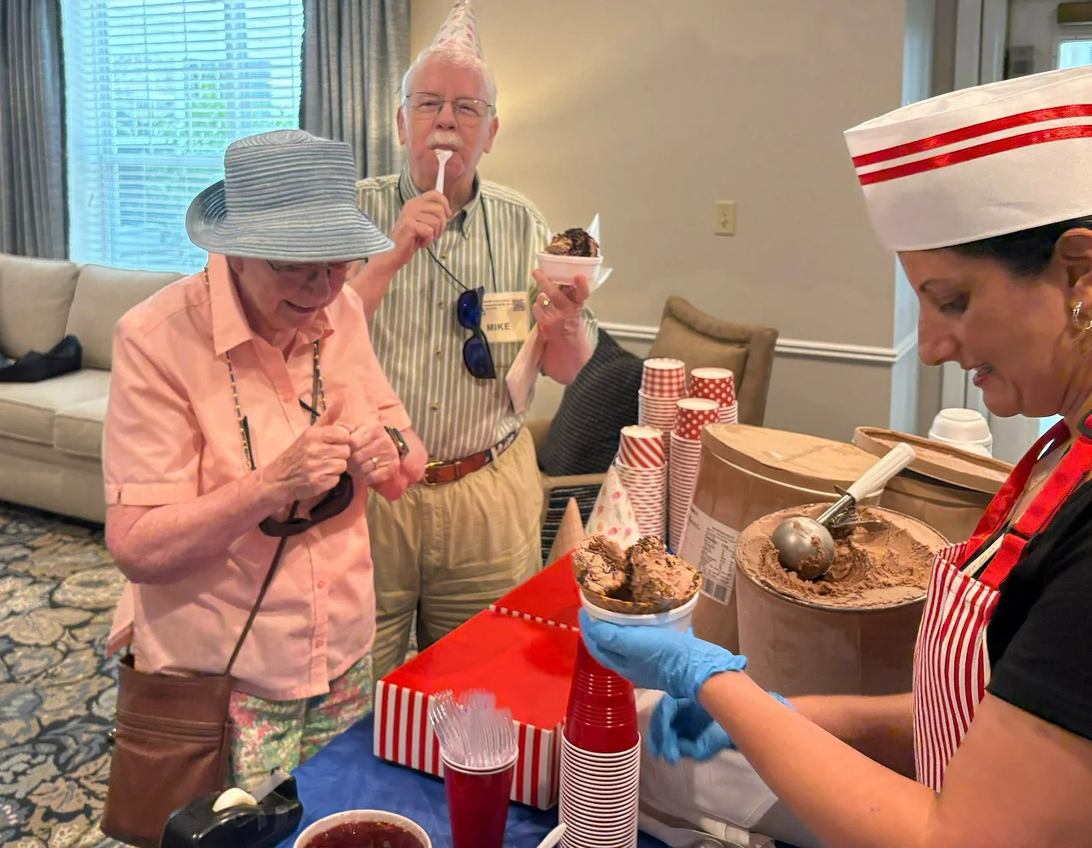 Charter Senior Living of Dedham in Dedham, MA, residents enjoying ice cream