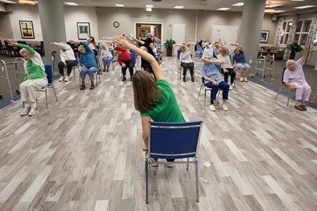 Ascension Living Resurrection Village Senior Living in Chicago, Illinois residents in a workout class