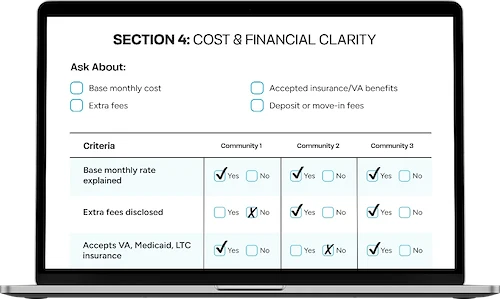 display of the senior living community comparison guide on laptop