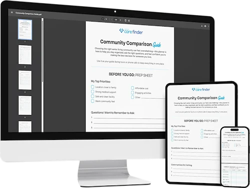 display of the senior living community comparison guide on computer, tablet, and mobile smartphone