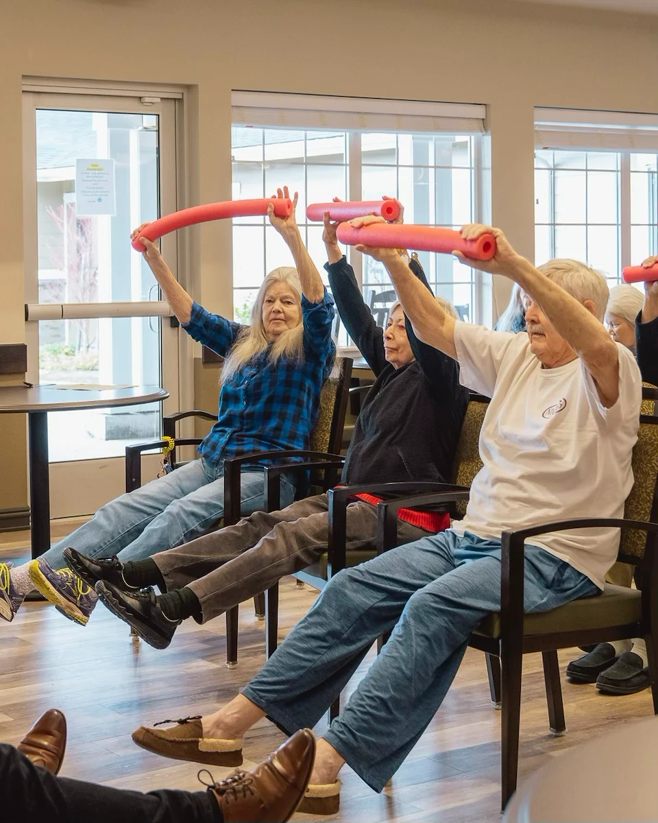 Fieldstone Memory Care of Puyallup residents enjoying an exercise class