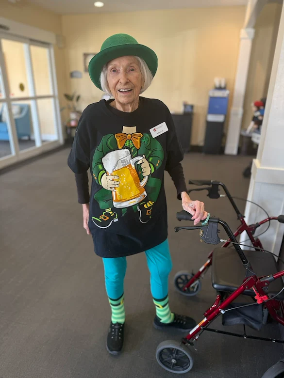 Heatherwood Senior Living resident celebrating St. Patrick's Day
