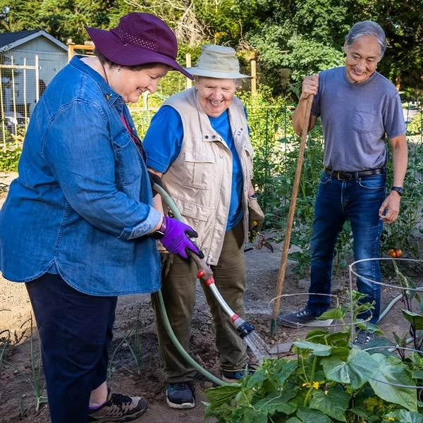 Hillside Senior Living in McMinnville, OR, residents having fun working in the garden