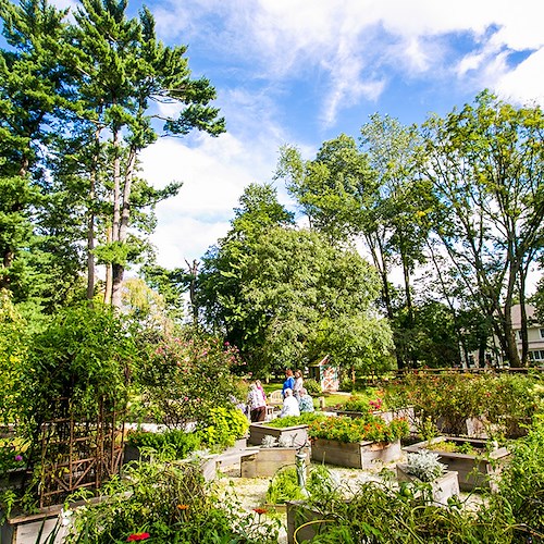 The Mansion at Rosemont Senior Living in Rosemont, PA, residents gathering together in the outdoor space
