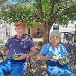 An elderly man and woman sit outdoors on metal chairs under a leafy tree, enjoying green bowls of ice cream at an assisted living community in Godfrey, Illinois. They wear casual clothes and glasses, appearing relaxed and content in the sunny garden.