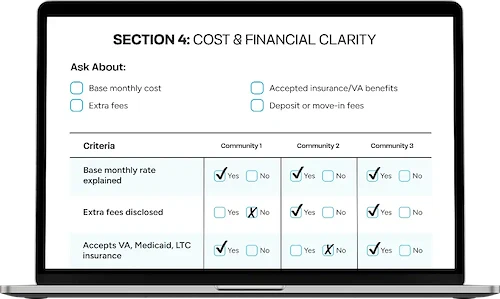 display of the senior living community comparison guide on laptop
