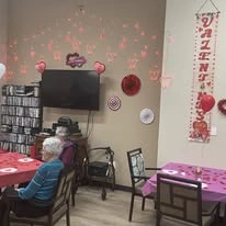 Avamere at South Hill senior living community offering assisted living and respite care in Spokane, WA, residents at a Valentine's Day party