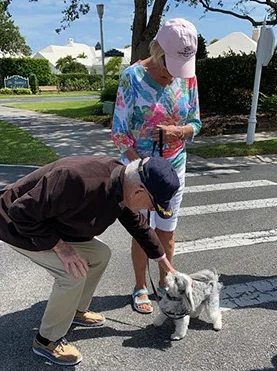 Veteran petting a dog