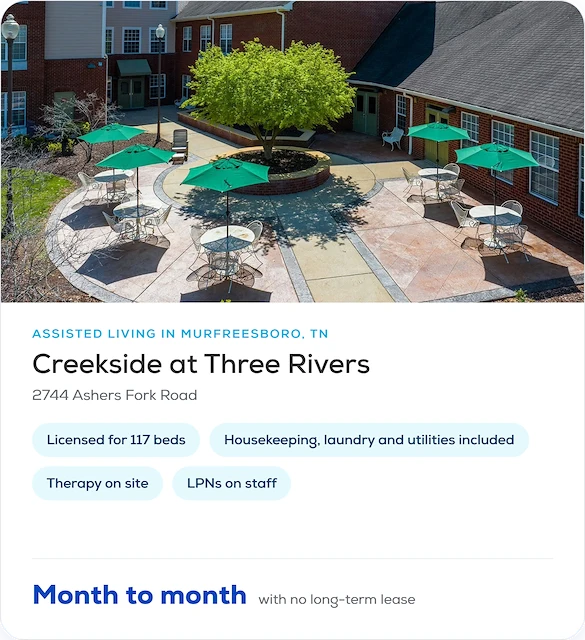 Profile card for Creekside at Three Rivers assisted living: licensed for 117 beds, housekeeping, laundry and utilities included, therapy on site, licensed practical nurses on staff, month to month, part of our guide for Murfreesboro, TN