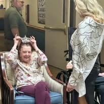 Ascension Living Via Christi Village Manhattan Senior Living in Manhattan, Kansas resident wearing Miss Kansas's tiara crown
