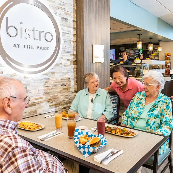 Judson Park Senior Living in Des Moines, WA, residents dining together at the bistro
