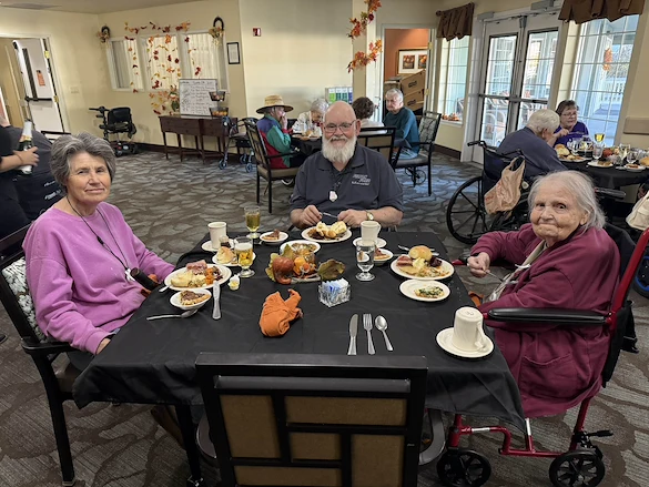 Avamere at Englewood Heights senior living community offering assisted living, memory care, and respite care in Yakima, WA, residents at a community Thanksgiving party